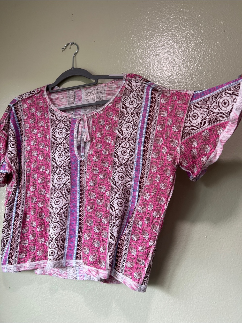 Lucky Brand Pink Patterned Tie-Neck Flutter Sleeve Tunic
